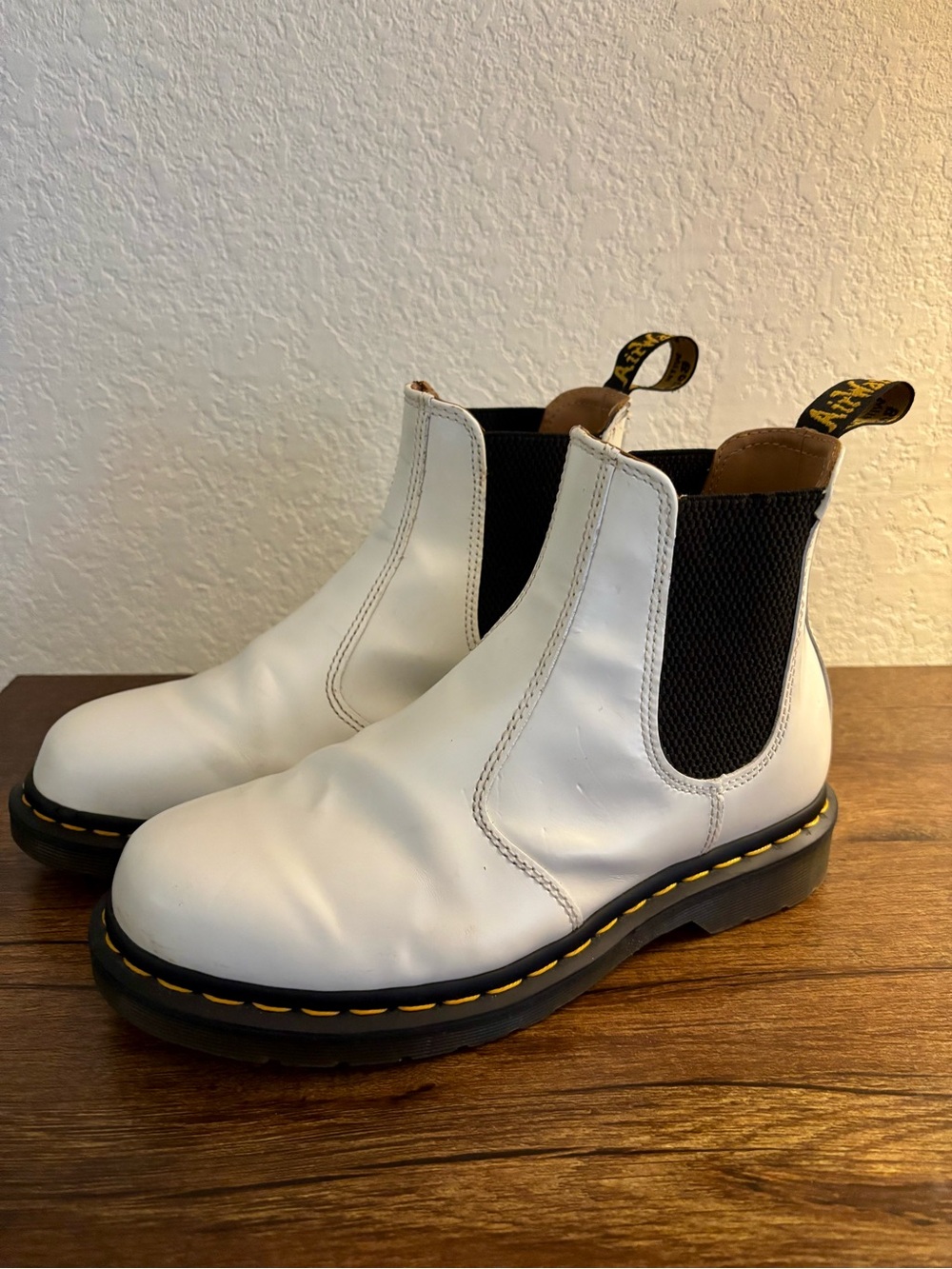Dr. Martens White Leather Chelsea Boots with Black Panels